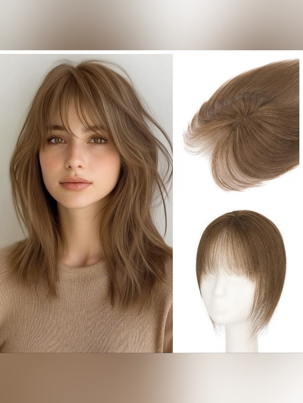Human Hair Topper & Wispy Bangs Thinning Hairpiece 9.8" Medium Brown